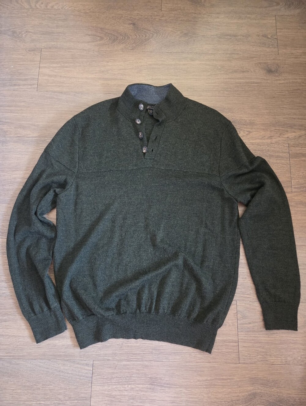 Ethan Pierce Merino Wool Men's Dark Olive Button-Neck Sweater